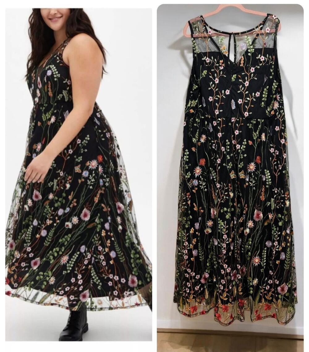 Torrid Size 18 Black Floral Embroidered Mesh Overlay Formal Cocktail Maxi Dress - Picture 1 of 3